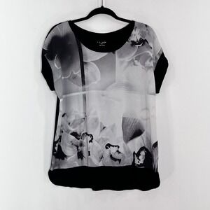 Apt. 9 Womens Black Gray Floral Mixed Media Scoop Neck Short Sleeve Top M